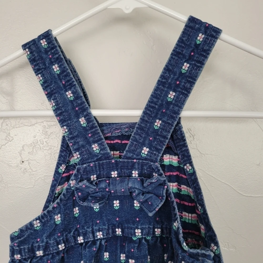 OshKosh B'gosh Vintage Overalls Toddler Girl 4T Blue Denim Embroidered Tulips 90